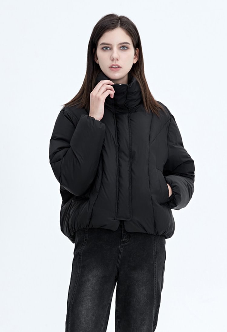SDEER Short Black Down Jacket With Stand-up Collar Slot Pocket