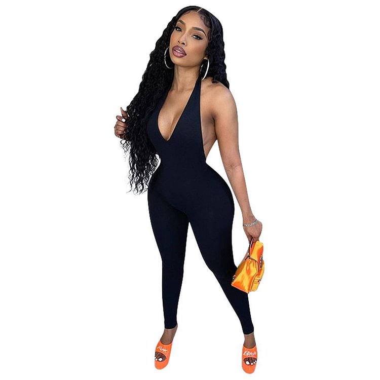 Women's Clothing Fashion Solid Color Halter V Neck Tight Fitting Jumpsuit