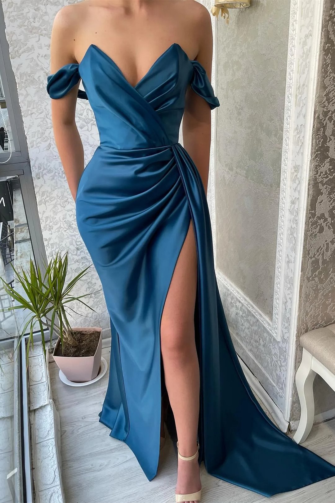 Luluslly Ink Blue Off-the-Shoulder Prom Dress Split Long Pleated
