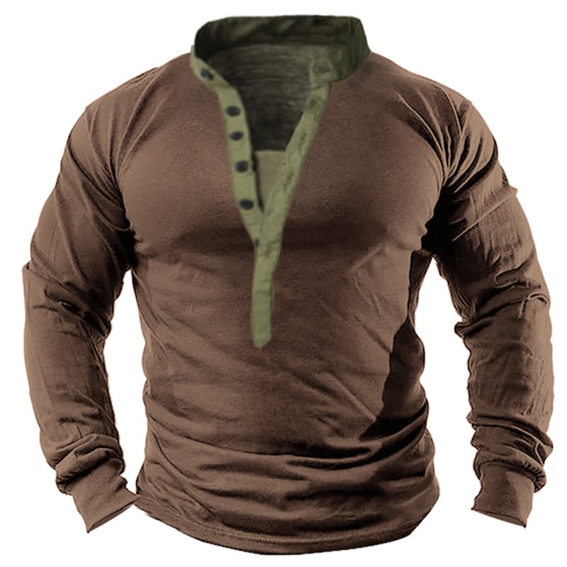 Men's Retro Outdoor Henley Button Collar Tactical T-shirt / [viawink] /