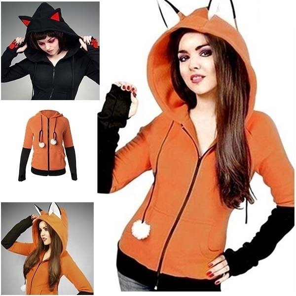 New Fox Orelhas Cosplay Hoodie Fleece Jacket Halloween Cosplay Sweatshirt Cute Animal Costume Jacket
