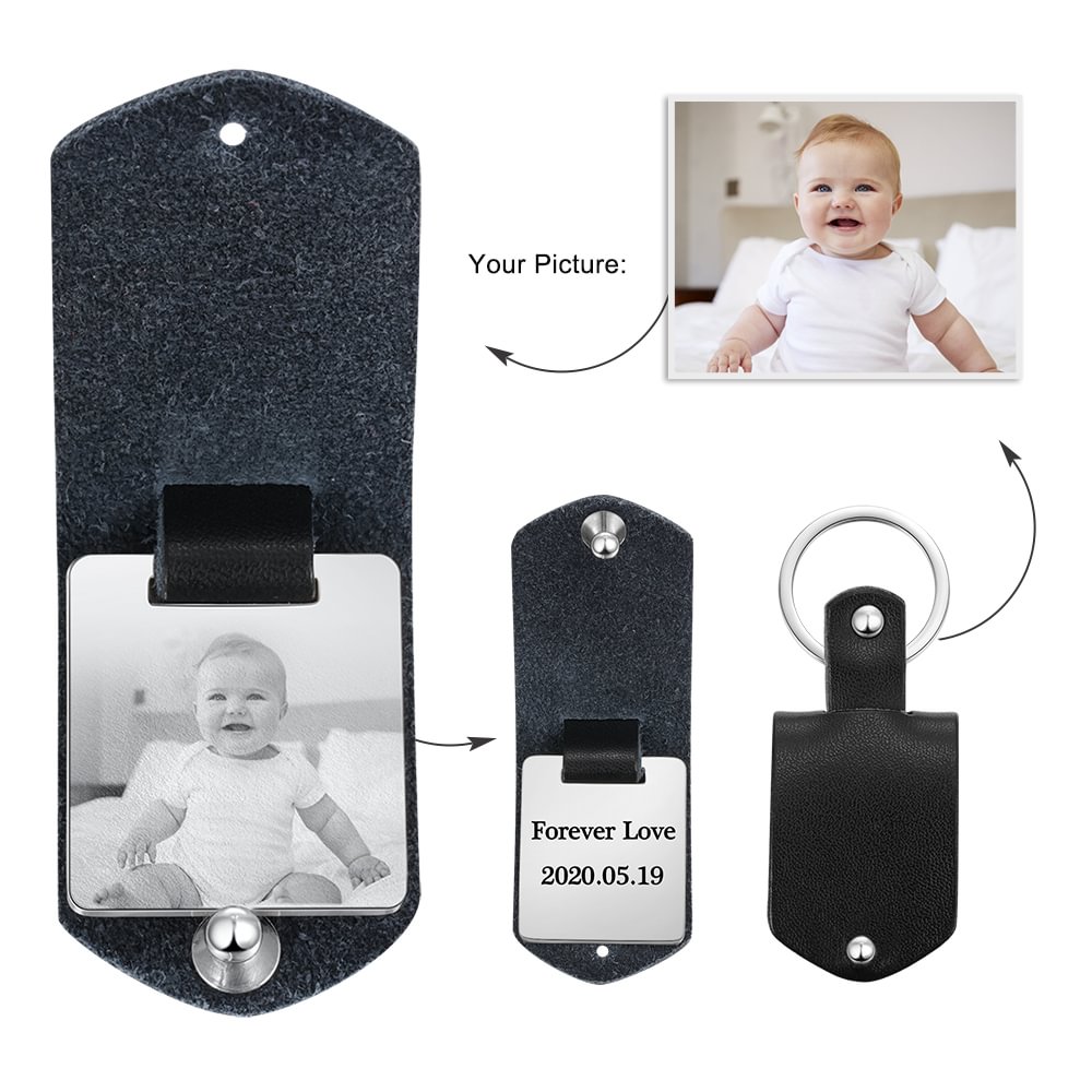 Personalised Photo Keychain with Black Leather Case Custom with Engraving Birthday Gift