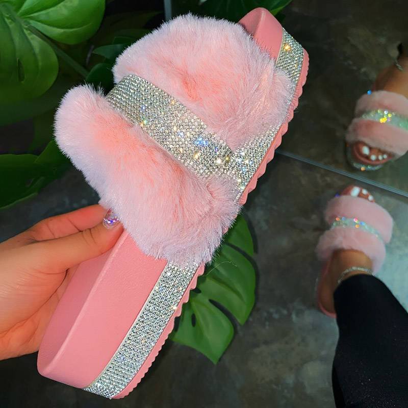 Women's Chic Faux Fur Rhinestone Casual Slip On Slippers - vzzhome