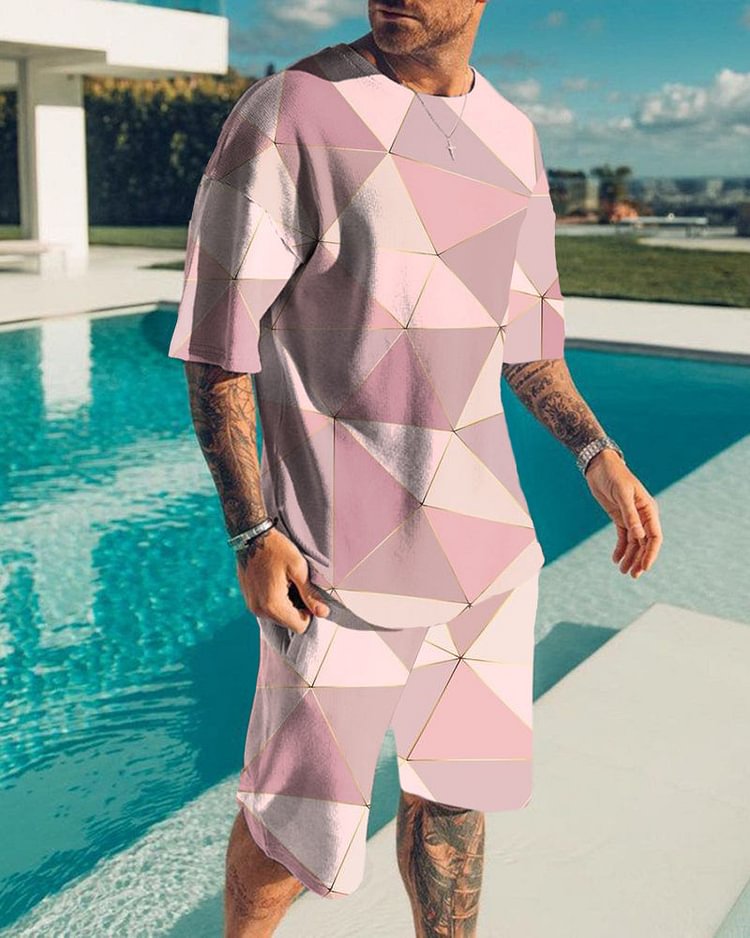 Men's round-Neck and Pink 3D Printing Sports Suit