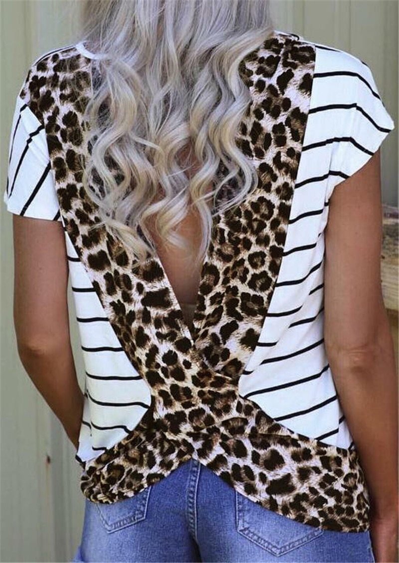 Women Tees T-shirt Female Leopard Printed Open Back T-shirt New Stylish Tops tee shirt femme Plus Size-Corachic