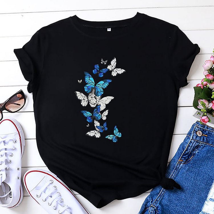 BrosWear Women's Casual Butterfly Print Graphic Crew Neck T-Shirt