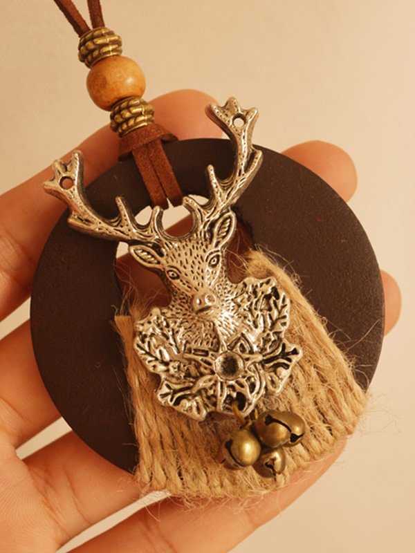 Vintage Christmas Elk Bells Wooden Long Necklace
