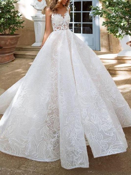 A-line v neck embroidery lace wedding dress