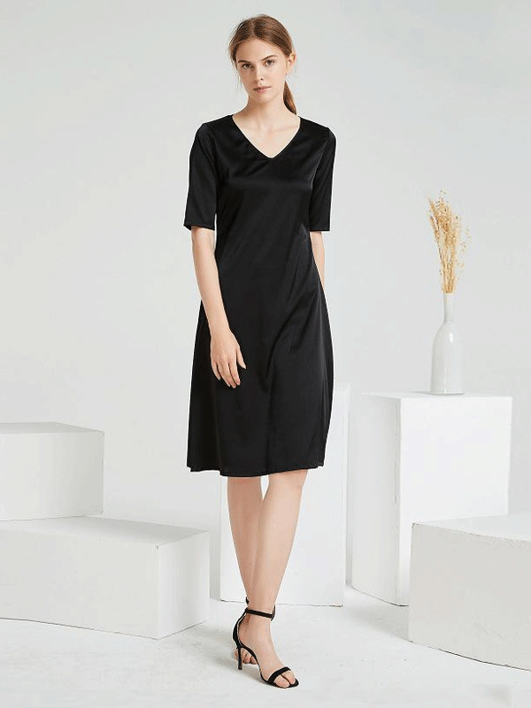 Luxury Black V Neck Silk Dress