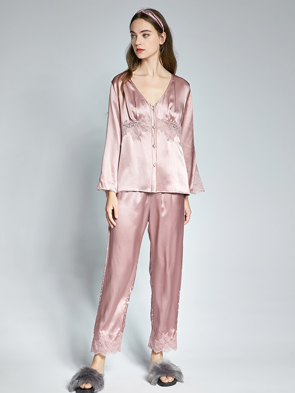 Luxurious V Ncek Silk Pajamas Set With Lace For Women