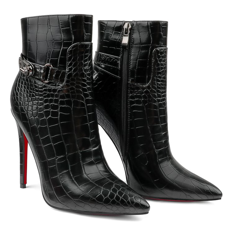 Women's Pointed Toe Crocodile Pattern Stiletto Ankle Boots Side Zipper Booties With Metal Buckle