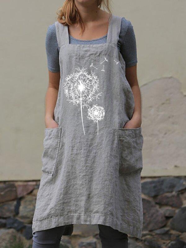Female personality printed cotton and linen apron loose linen long dress-Mayoulove