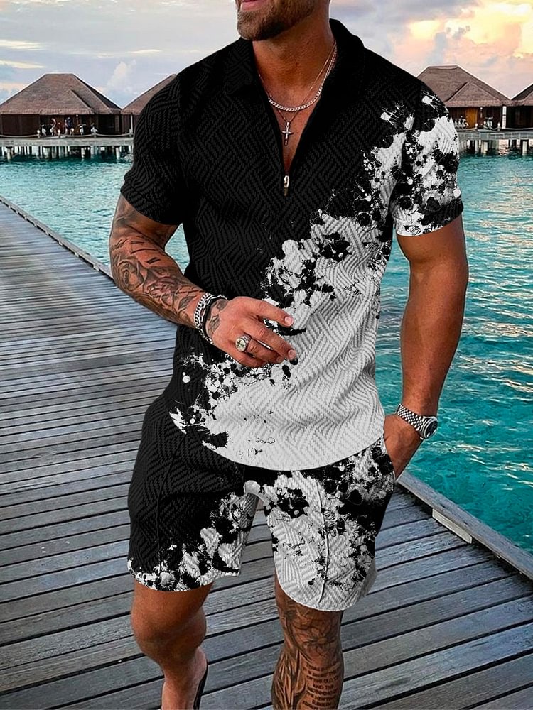 Men's Black and White Simple Printed Polo Suit