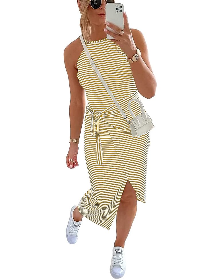 Women's Casual Striped Dresses With Wrap Tie Sleeveless Halter Neck Ruched Bodycon Dress Summer Dress