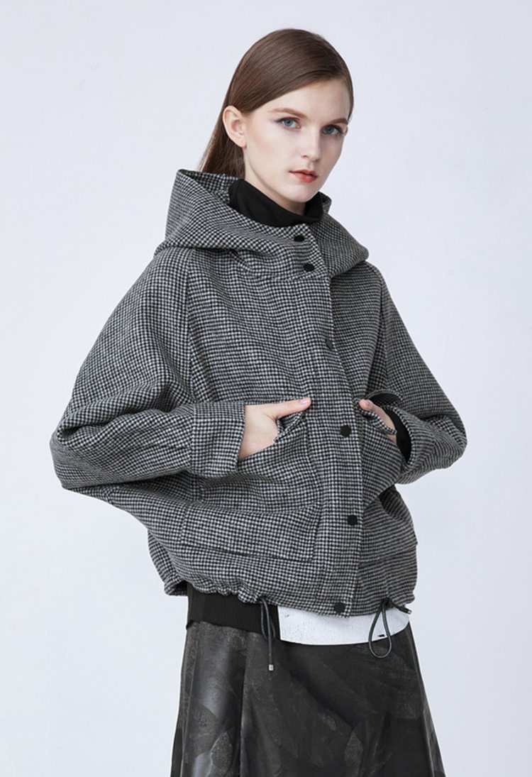 SDEER Contrasting Check Drawstring Woolen Short Jacket