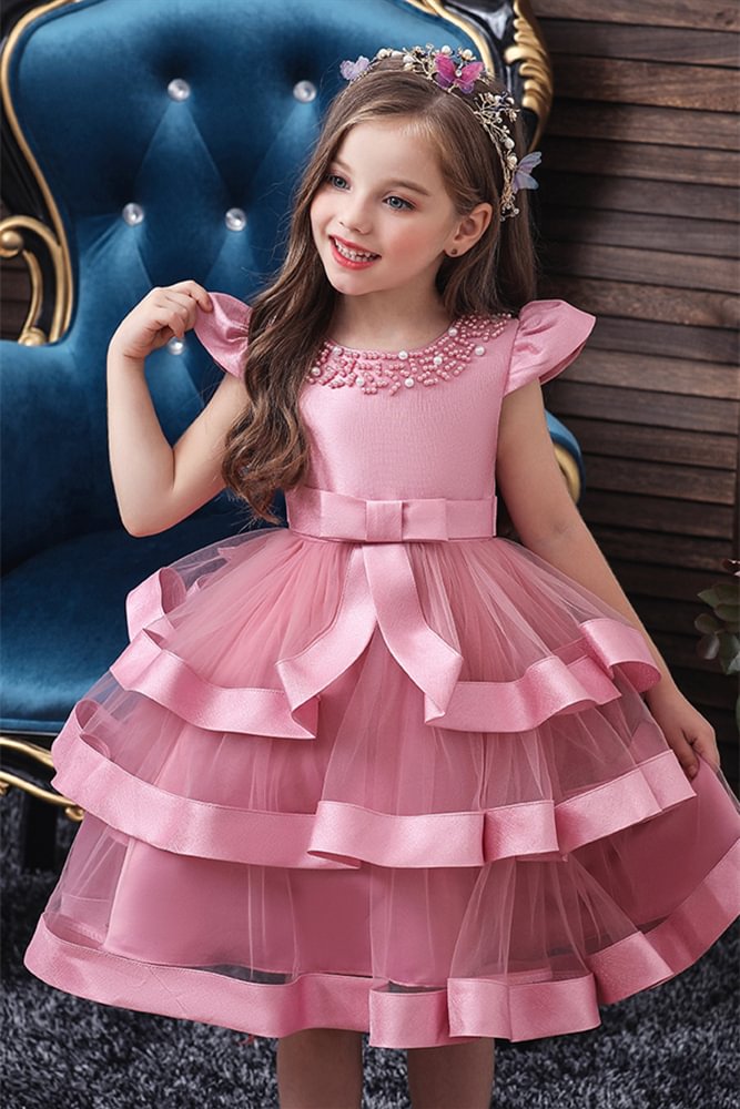 Luluslly Dusty Pink Cap Sleeves Flower Girl Dress Tulle Layered With Pearls