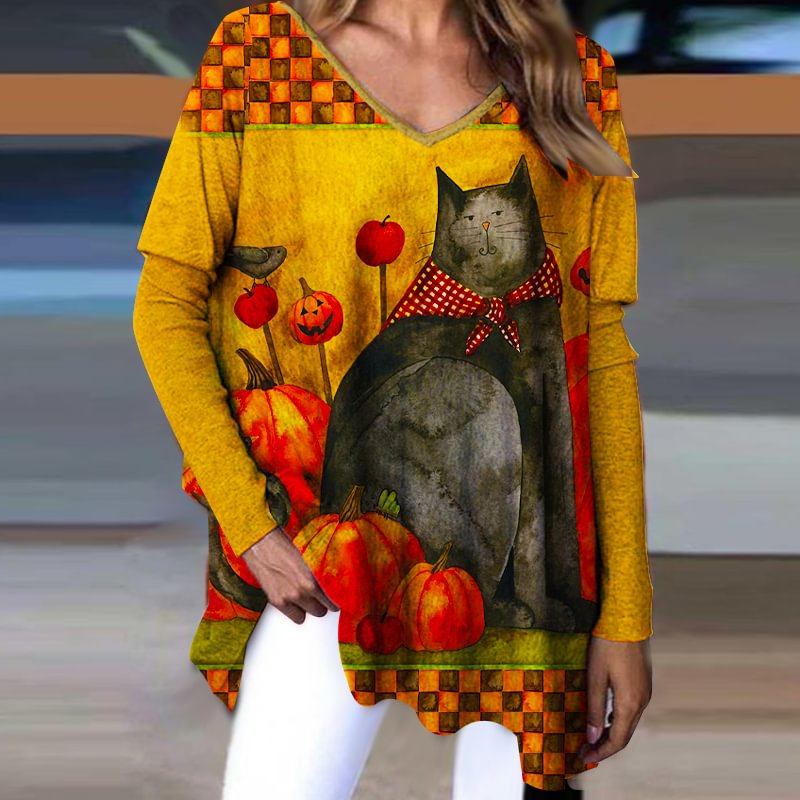 A Fatty Black Cat And Pumpkins Print Women V-neck Blouse Oversized