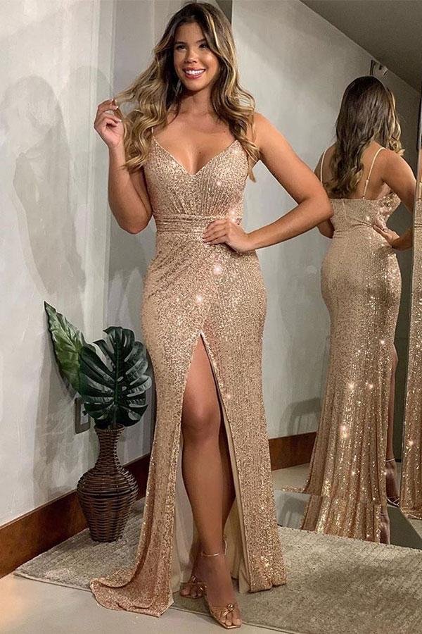 Luluslly Spaghetti-Straps Sequins Long Evening Dress With Slit
