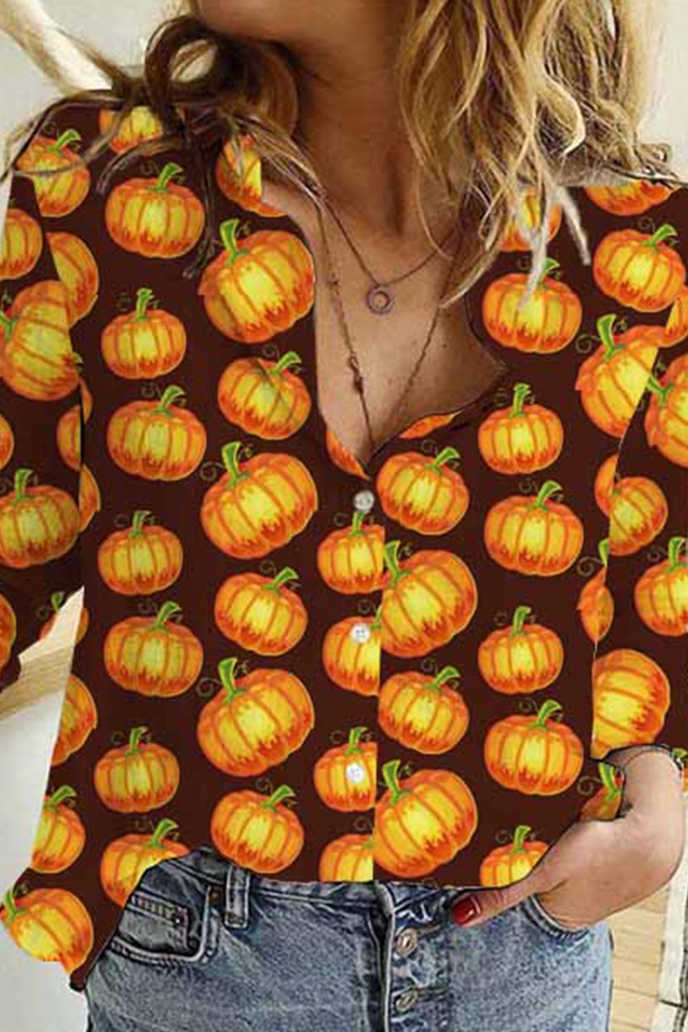 Women's Blouses Allover Pumpkin Print Button-up Blouse