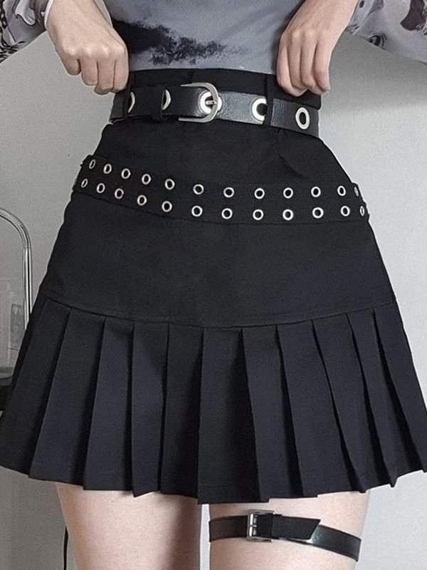 Punk Solid Color Hole Straps Decorated High Rise A-line Skirt