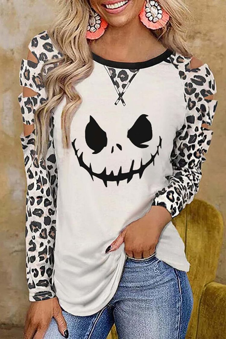 Women's Pullovers Leopard Smiley Cutout Pullover-Mayoulove