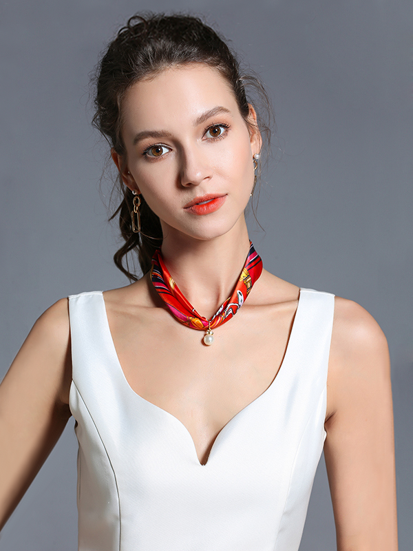 Silk Scarf Red Necklace With Pearl Decoration For Women