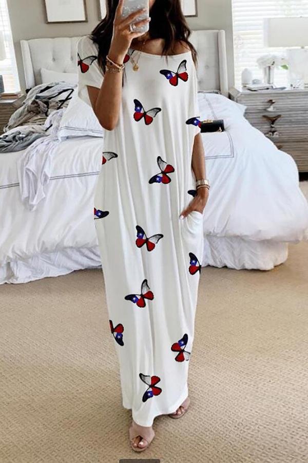 Womens Butterfly Print Short Sleeve Long Dress-Allyzone-Allyzone