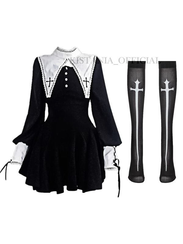 Gothic Dark Cross Embroidered Paneled Dress + Gothic Statement Printed Color Block Stockings 2-piece Sets