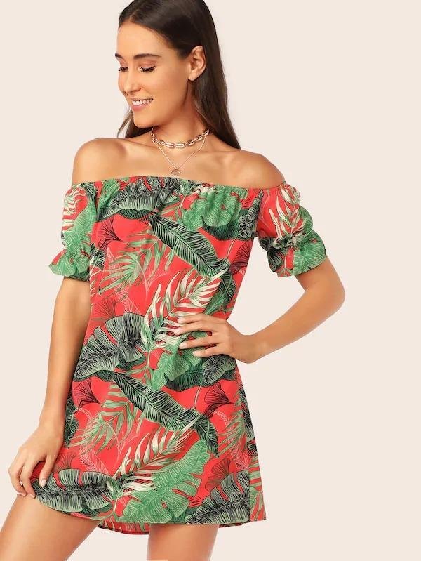 Off Shoulder Tropical Print Dress-Corachic