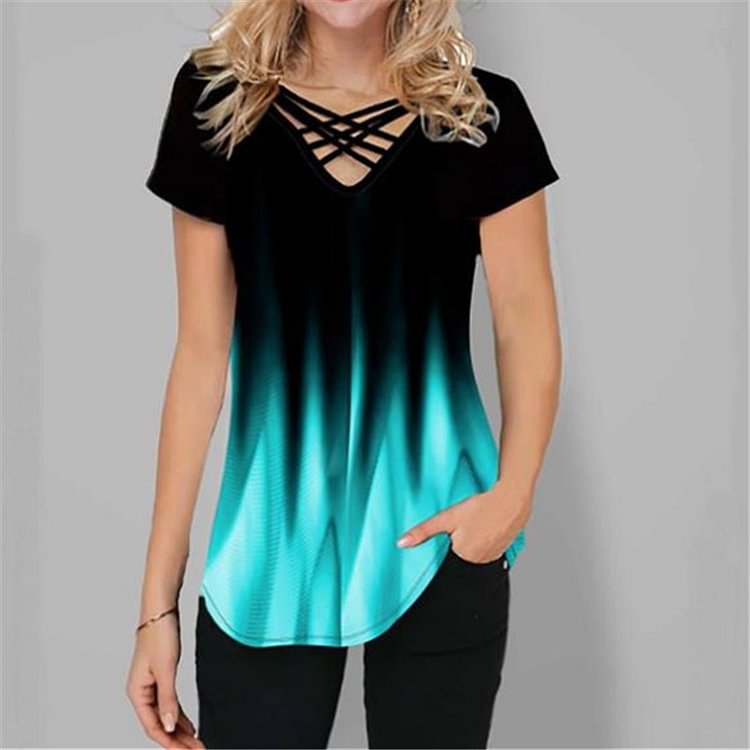 Women’s Blouse Short Sleeve V Neck Gradient Print Tops Tee Shirts Casual Loose Cross Criss Tie Dye T-shirt