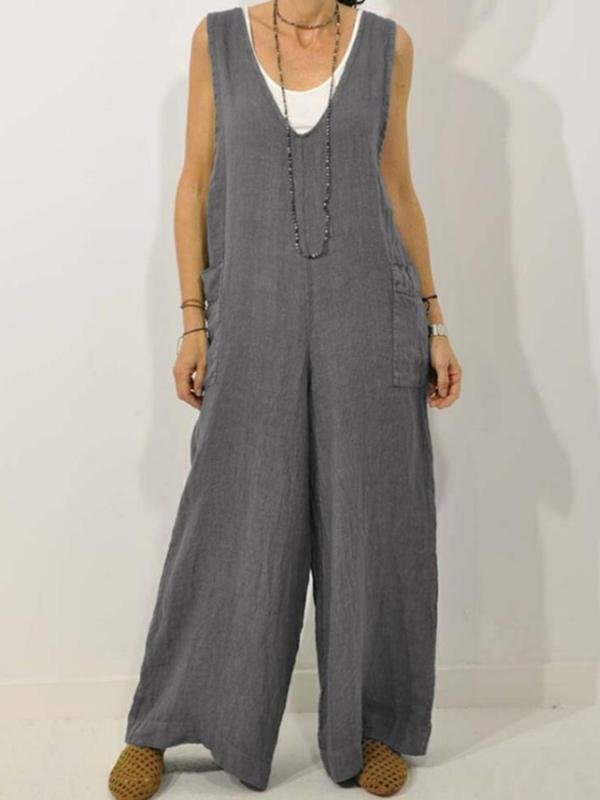 Women's loose V-neck cotton and linen strap jumpsuit-Mayoulove