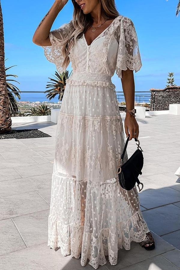 White Mesh Lace Sequin Maxi Dress P16385