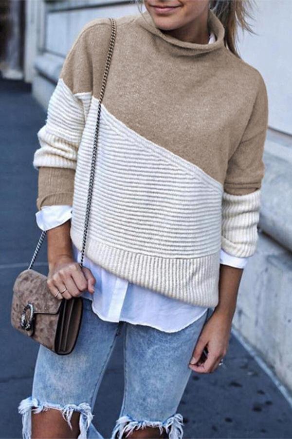 Womens Irregular Stitching Contrast Sweater-Allyzone-Allyzone