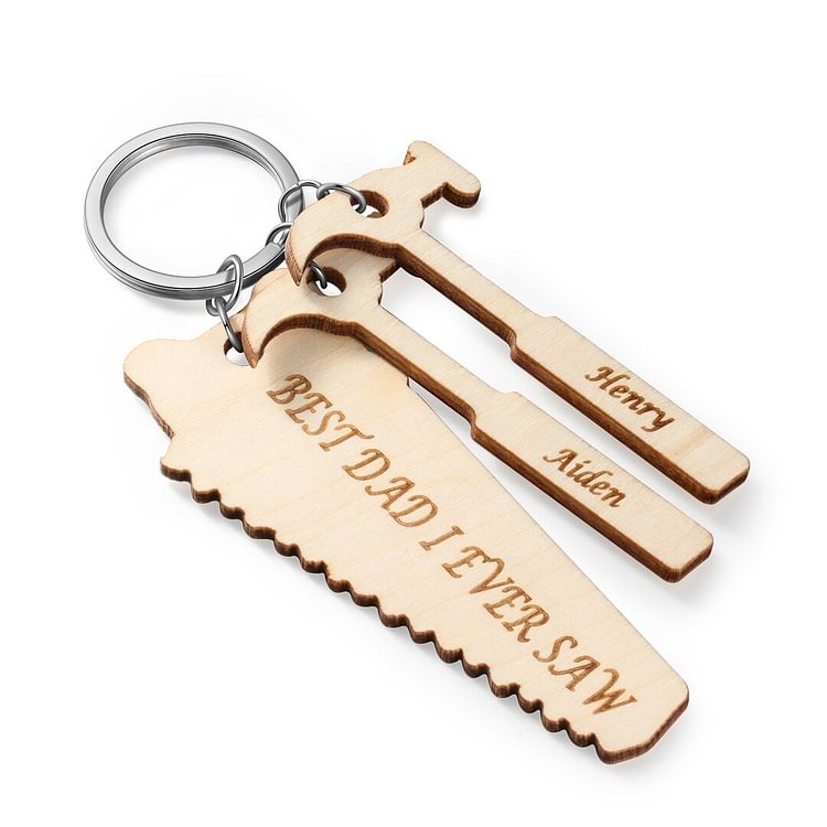 Personalized Wooden Keychain Engraved With Saw Shaped Text And 2 Hammer Names Keychain