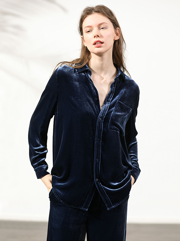Sumptuous Polo Silk Velvet Shirt With Pocket For Women-Real Silk Life
