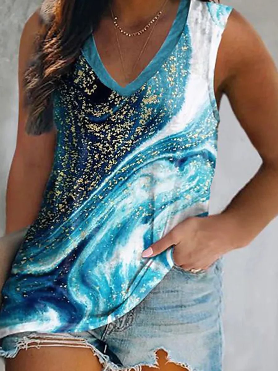 Star Sky Color Sequin Sleeveless V Neck Plus Size Top