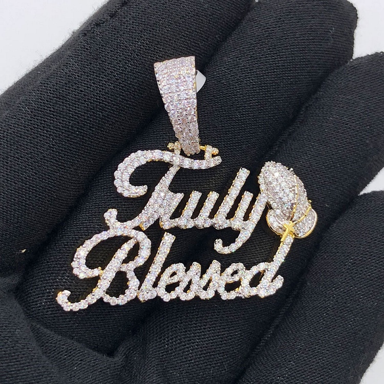 Iced Out Pray Hand Letter Truly Blessed Pendant Hip Hop Necklace Jewelry
