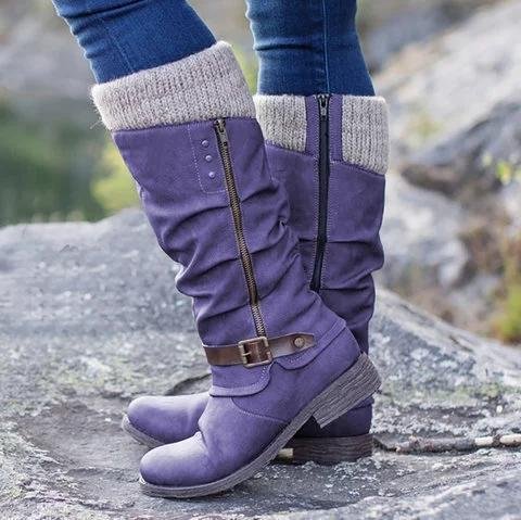 Women Casual Winter Knitted Zipper Mid Calf Boots-Corachic