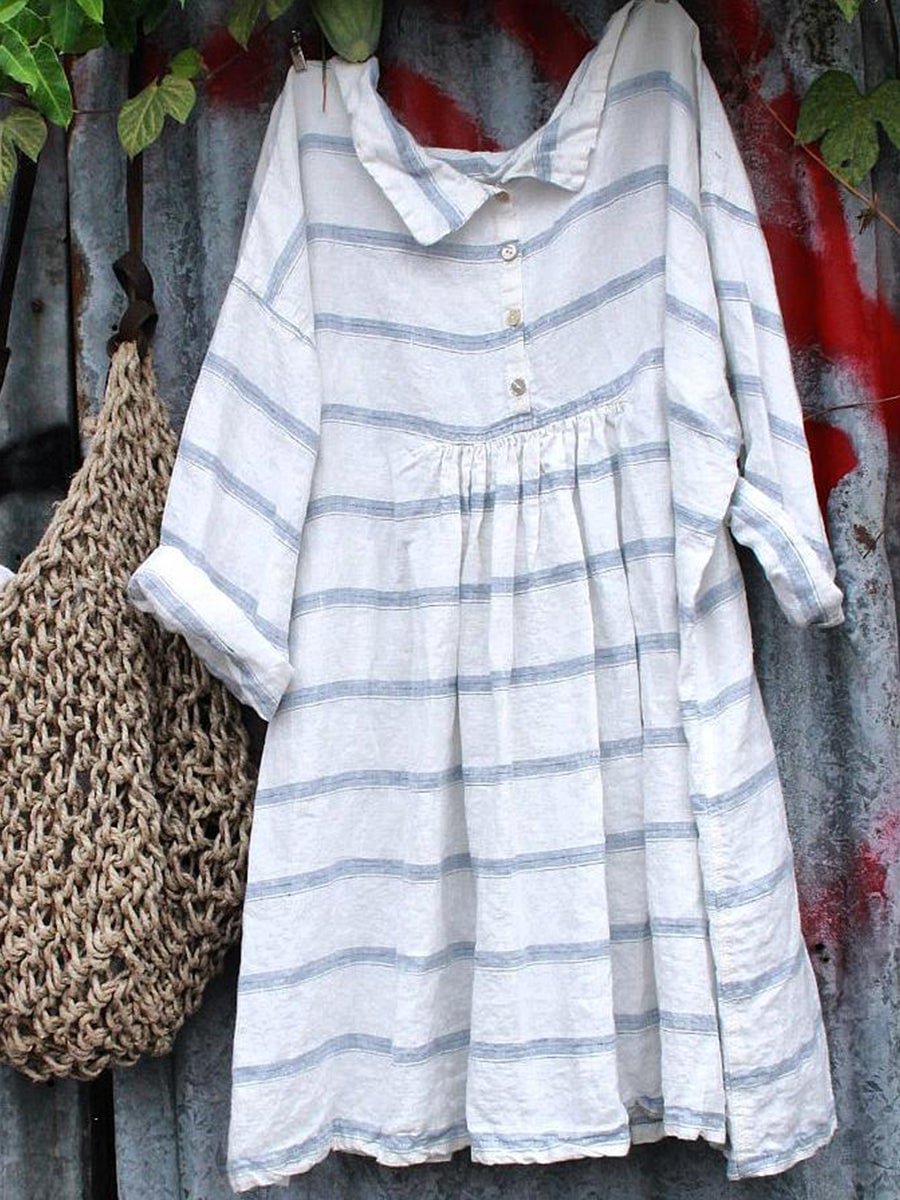 Womens Stripe Short Sleeves Casual Linen Shirt Dress