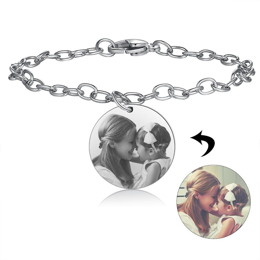 Custom Bracelet With Round Photo Pendant Personalized With Engraving