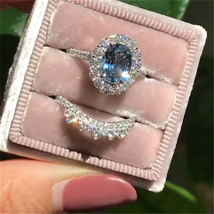2pcs Oval Cut Natural Blue Rhinestone Silver Rings Set Women Jewelry Gift
