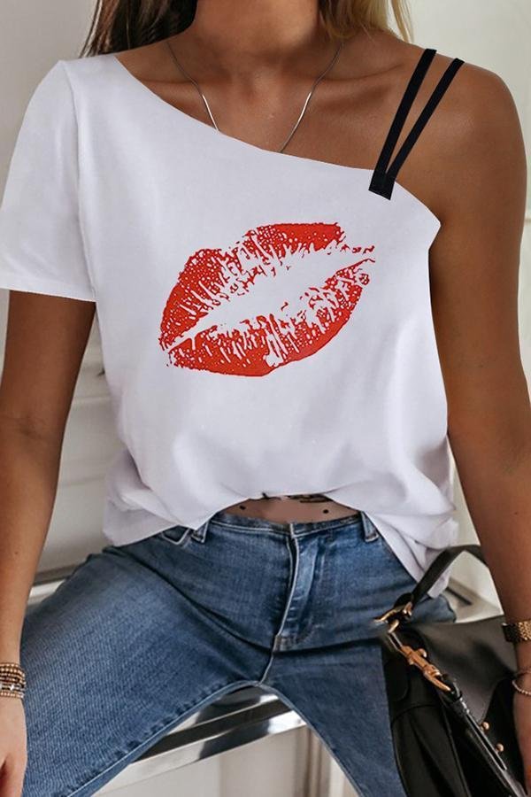Stylish Lip Printed One Shoulder T-shirt (2 Colors) P15665