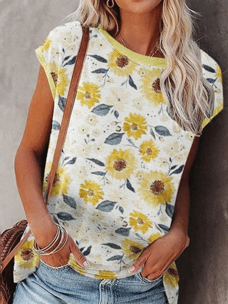 Casual Sunflower Print Short Sleeve Top-Mayoulove