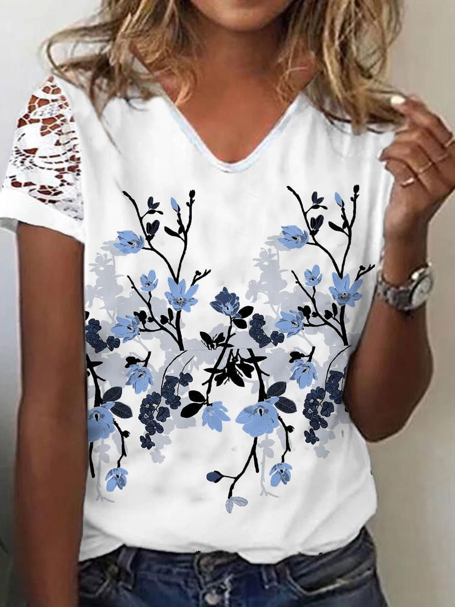 Casual V Neck Lace Short Sleeve Printed Top