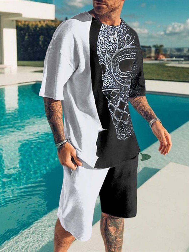 Men's Abstract Printing Color Contrast Sports and Leisure Suit