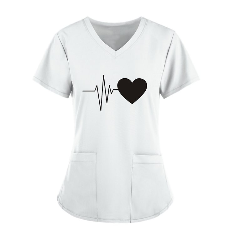 Women's V Neck Double-Pockets Heartbeat Nurse T-Shirt Scrubs Top