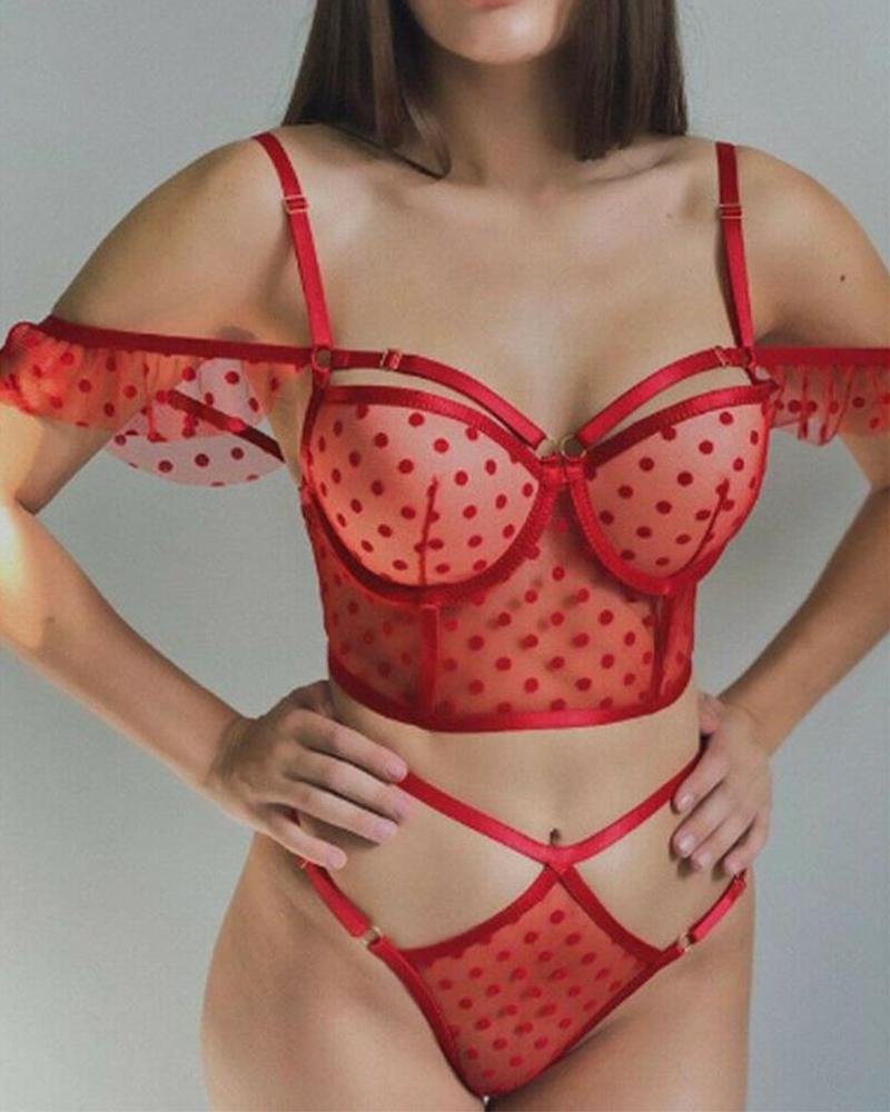 Polka Dot Splicing Lace Hollow-out Bra Sets P14126