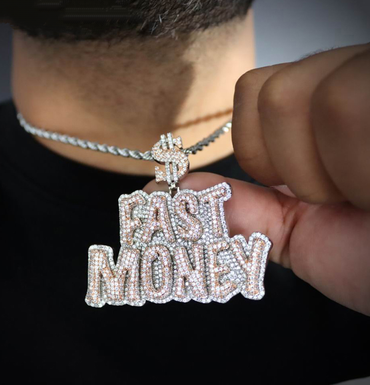 Iced Out Dollar Symbol Charm Fast Money Pendant Necklace-VESSFUL