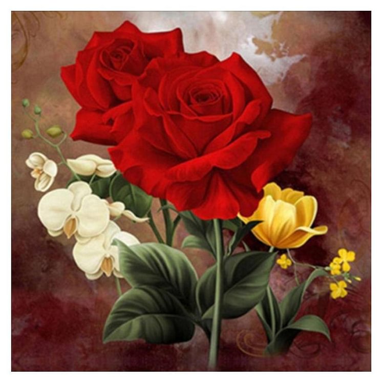 Red Rose Flower - Round Drill Diamond Painting - 25x25cm(Canvas)