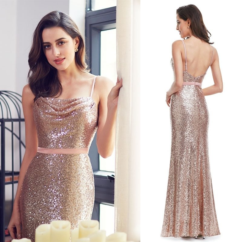 Elegant Spaghetti-Starps Sequins Prom Dress Long Evening Party Gowns
